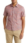 Stone Rose Heart Print Short Sleeve Button-up Shirt In Salmon Red