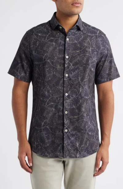 Stone Rose Jungle Monstera Palm Leaf Print Short Sleeve Stretch Cotton Blend Button-up Shirt