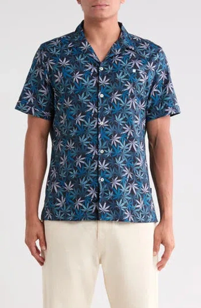 Stone Rose Leaf Print Resort Collar Shirt In Blue