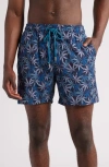 Stone Rose Leaf Print Swim Trunks In Navy