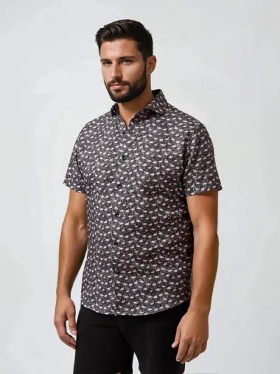 Stone Rose Linen Flamingo Print Ss Button-up Shirt In Black