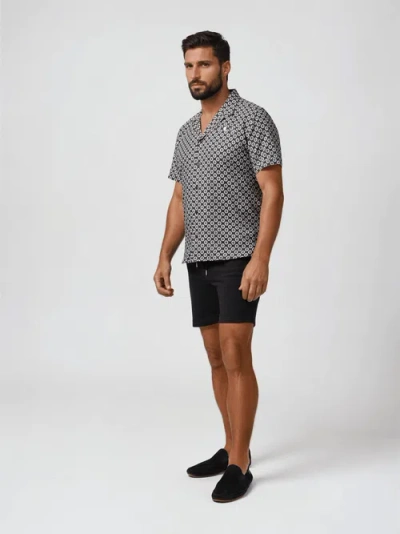 Stone Rose Linen Retro Geo Print Ss Resort Shirt In Black