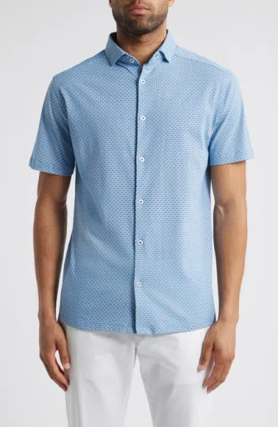Stone Rose Oval Geo Performance Short Sleeve Button-up Shirt In Med Blue