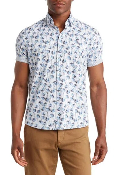 Stone Rose Palm Print Short Sleeve Stretch Cotton Button-up Shirt In Blue