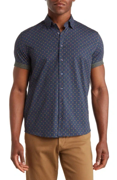 Stone Rose Pineapple Print Short Sleeve Stretch Cotton Button-up Shirt In Navy