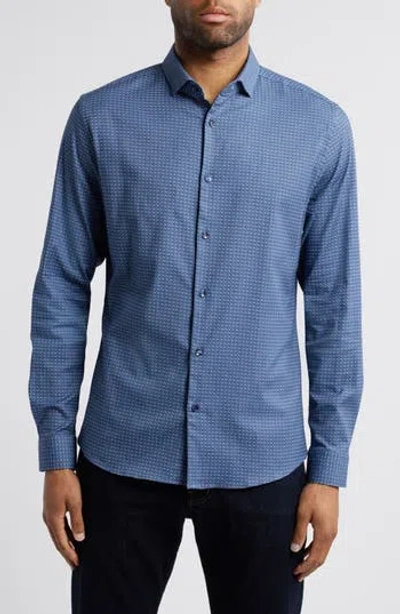 Stone Rose Rectangular Geo Print Button-up Shirt In Blue