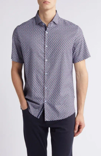 Stone Rose Retro Trim Fit Palm Print Short Sleeve Button-up Shirt In Lavender