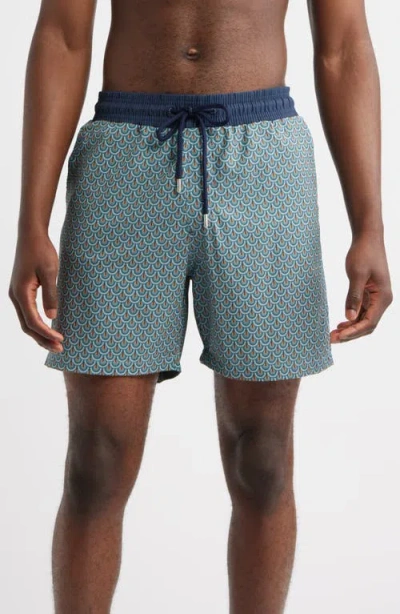 Stone Rose Retro Wallpaper Print Swim Trunks In Blue