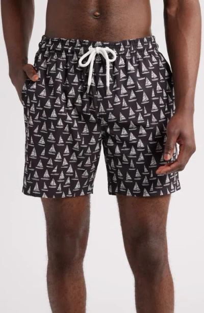 Stone Rose Sailboat Print Swim Trunks In Black
