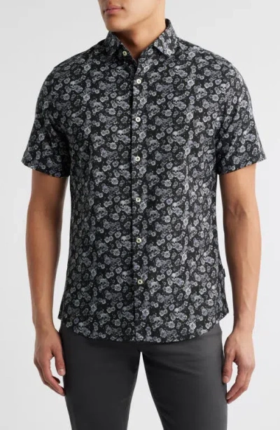 Stone Rose Summer Crush Skulls & Flowers Print Short Sleeve Stretch Cotton Blend Button-up Shirt
