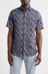Stone Rose Summer Crush Skulls Short Sleeve Button-up Shirt In Blue