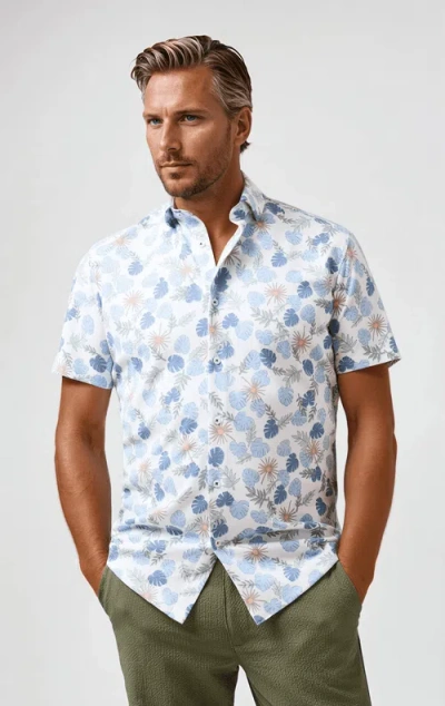 Stone Rose Tech Pique Resort Print Ss Button-up Shirt In Blue