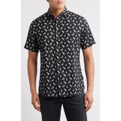 Stone Rose Tiger Print Short Sleeve Button-up Shirt In Black