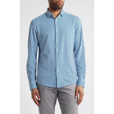 Stone Rose Trim Fit Techno Stretch Stripe Performance Button-up Shirt In Navy