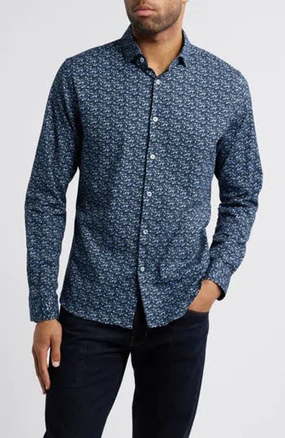 Stone Rose Watercolor Ditsy Floral Print Button-up Shirt In Blue