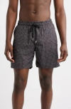Stone Rose Wavy Mesh Print Swim Trunks In Gray