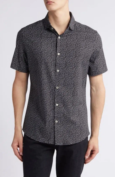 Stone Rose Wavy Mesh Short Sleeve Trim Fit Button-up Shirt In Black