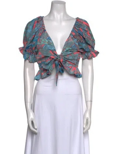 Pre-owned Stoned Immaculate Floral Print V-neck Crop Top In White