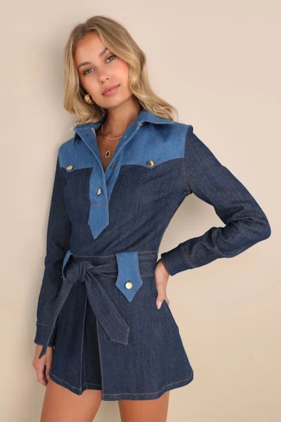 Stoned Immaculate Midnight Cowgirl Blue Denim Belted Long Sleeve Mini Dress
