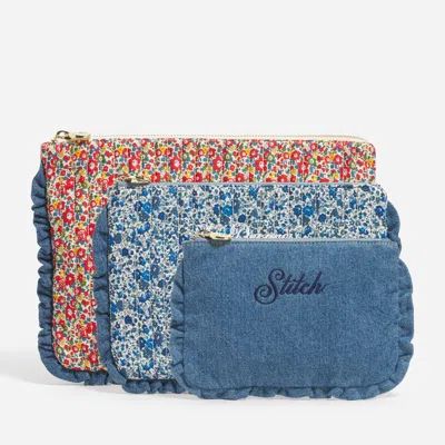 Stoney Clover Lane Custom Embroidered Flat Pouch Set Made With Liberty Fabric In Blue