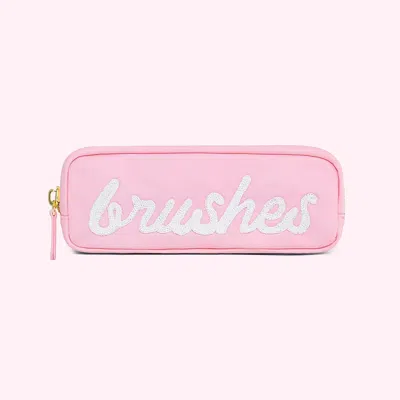 Stoney Clover Lane Hand Embroidered Brushes Slim Pouch In Pink