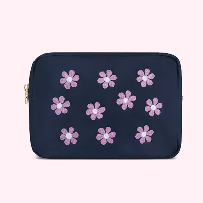 Stoney Clover Lane Hand Embroidered Daisies Large Pouch In Blue