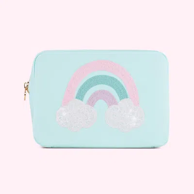 Stoney Clover Lane Hand Embroidered Rainbow Large Pouch In Blue