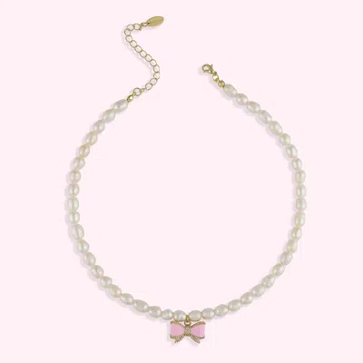 Stoney Clover Lane Hey Maeve Pearl Necklace With Bow Charm In White