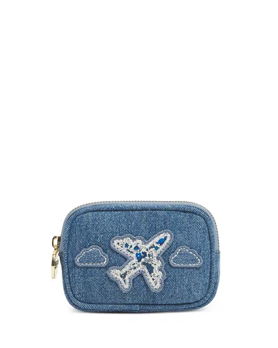 Stoney Clover Lane Made With Liberty Fabric Airplane Patch Denim Micro Pouch In Brown