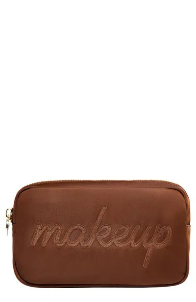 Stoney Clover Lane Small Makeup Embroidered Nylon Pouch In Brown