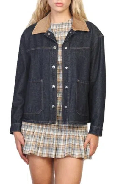 Stoosh Corduroy Collar Denim Chore Jacket In Dark Indigo