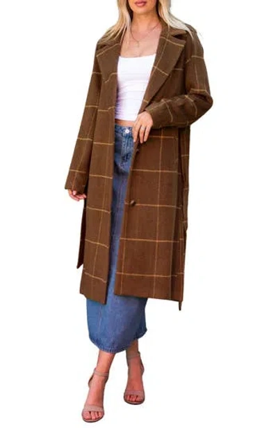 Stoosh Tie Waist Longline Coat In Brown