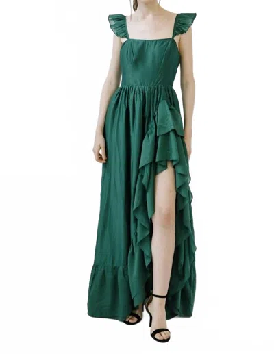 Storia Cascade Ruffle Slit Maxi Dress In Emerald In Green