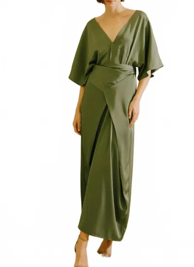 Storia Deep V Asymmetric Kimono Maxi Dress In Green