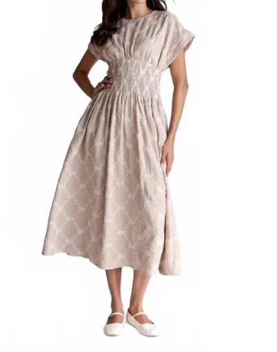 Storia Embroidered Floral Smocked Midi Dress In Beige In Neutral