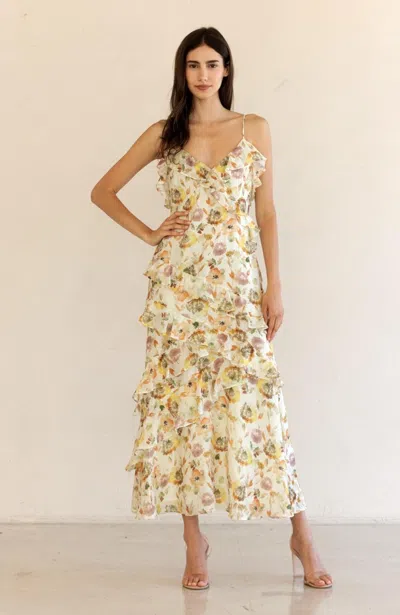 Storia Fall Floral Midi Dress In Cream Floral In Yellow