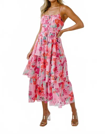 Storia Floral Tiered Midi Dress In Pink In Multi