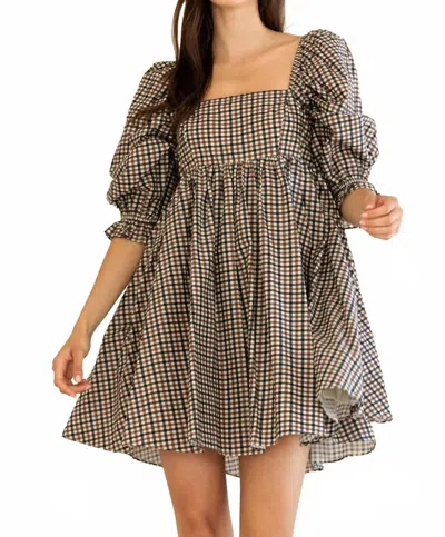 Storia Florence Mini Dress In Navy Brown Gingham