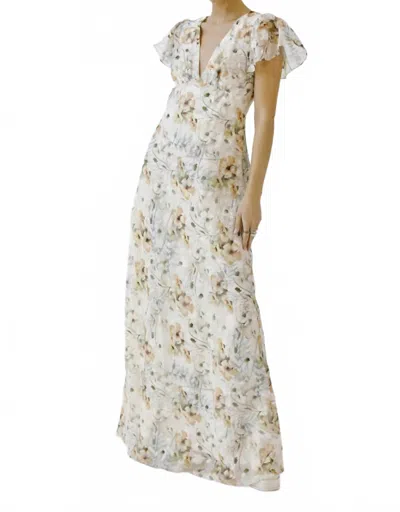 Storia Flutter Sleeve Maxi Dress In Beige In Gray