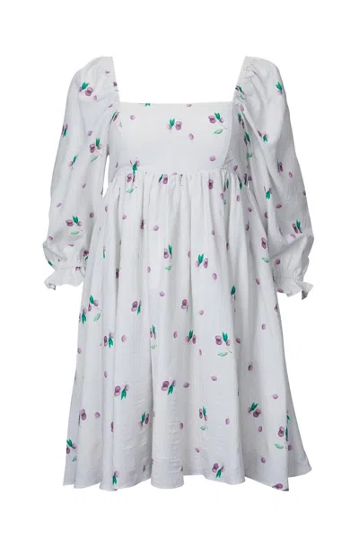 Storia Grape-print Baby Doll Mini Dress In Light Grey In White
