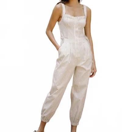 Storia Kennis Pinstripe Bustier Jumpsuit In Beige/white In Multi