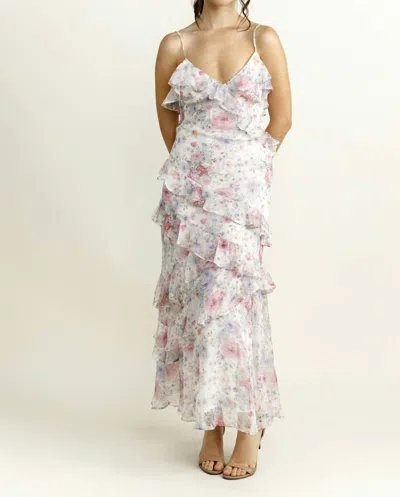 Storia Leigh Floral Ruffle Chiffon Maxi Dress In White In Multi