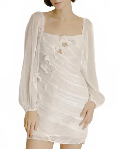 Storia Long Sleeve Sheen Bow Bodycon Mini Dress In White In Multi