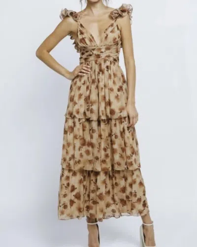 Storia Lurex Stripes Ruffled Maxi Dress In Brown Floral In Multi