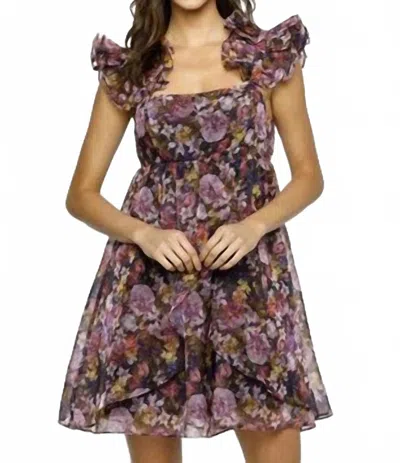 Storia Organza Floral Ruffle Sleeve Dress In Plum In Multi