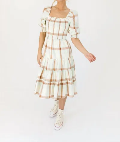 Storia Plaid Smocked Midi Dress In Mint In White