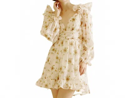 Storia Rose Ruffled Mini Dress In Cream Brown Floral In White