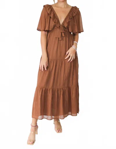 Storia Shimmer Tiered Midi Dress In Brown