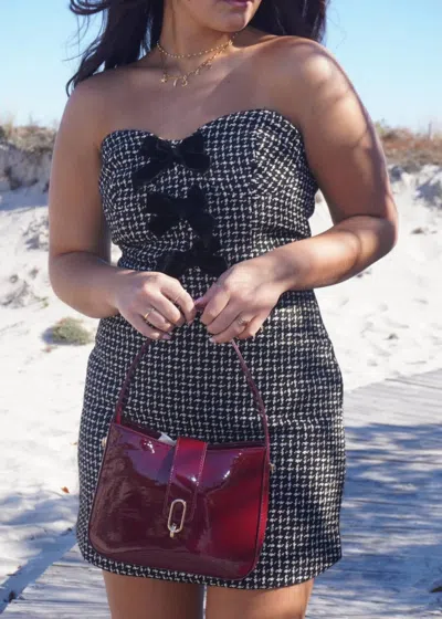 Storia Strapless Houndstooth Bow Dress In Black