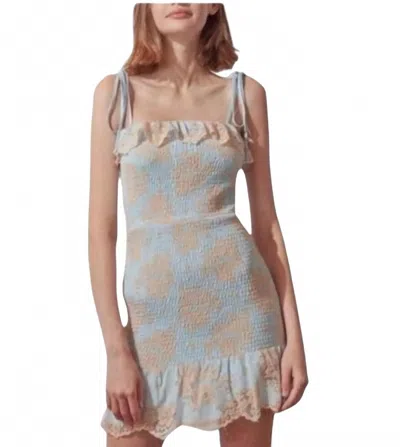 Storia Tie Shoulder Lace Hem Dress In Blue/tan